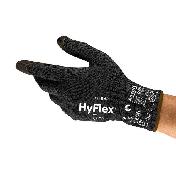 Ansell HyFlex 11-542 cut-resistant glove shown on hand with palm angled outward