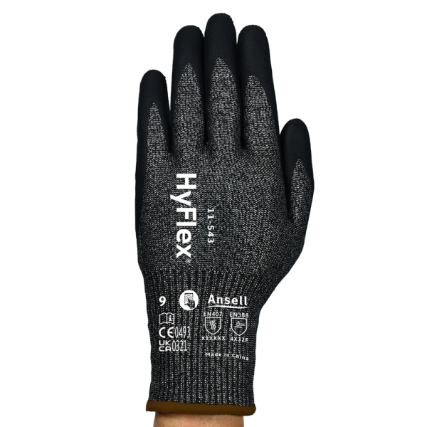 Back view of Ansell HyFlex 11-543 glove showing EN ratings and HyFlex branding.