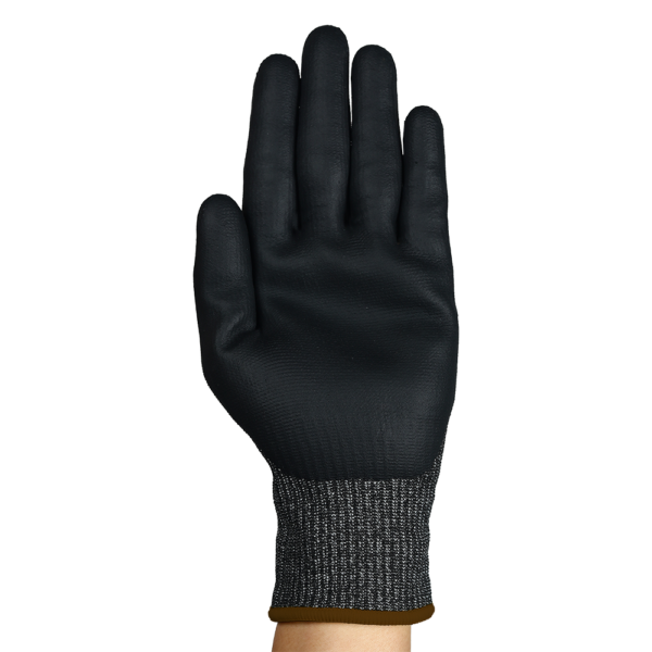Palm view of Ansell HyFlex 11-543 glove highlighting the black polyurethane coating.