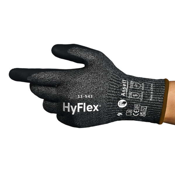 Side view of Ansell HyFlex 11-543 glove showing ergonomic fit and full glove markings.