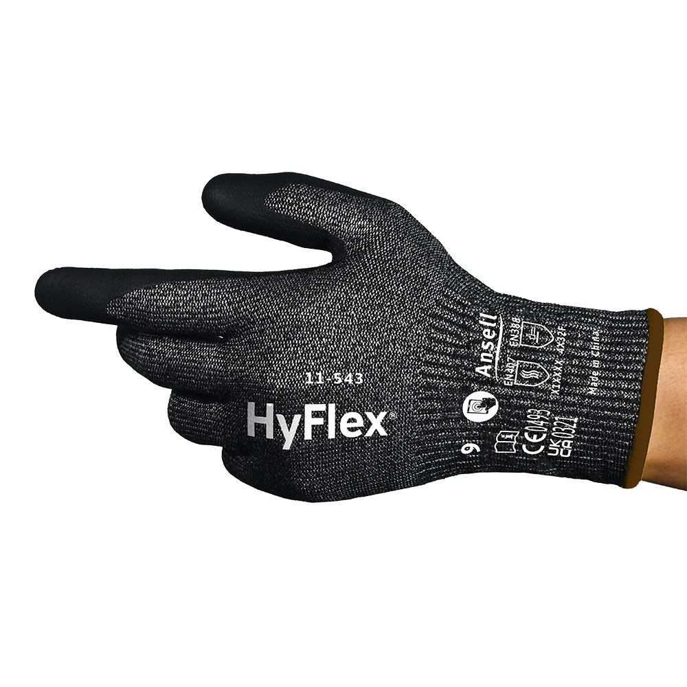 Side view of Ansell HyFlex 11-543 glove showing ergonomic fit and full glove markings.