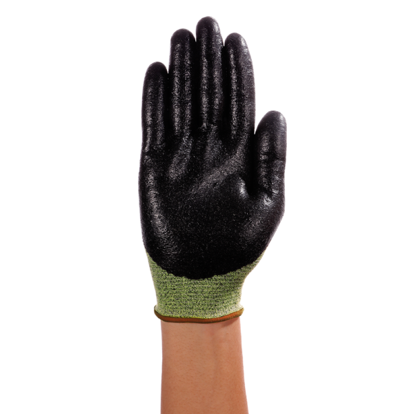 Palm view of the Ansell HyFlex 11-550 glove showing full black coating for enhanced grip and durability.