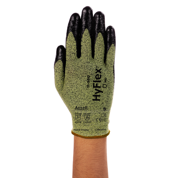 Back view of Ansell HyFlex 11-550 glove highlighting the glove’s green HPPE liner and printed compliance markings.