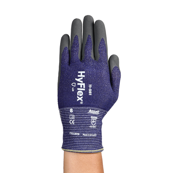 Front view of Ansell HyFlex 11-561 glove displaying glove markings and EN388 ratings