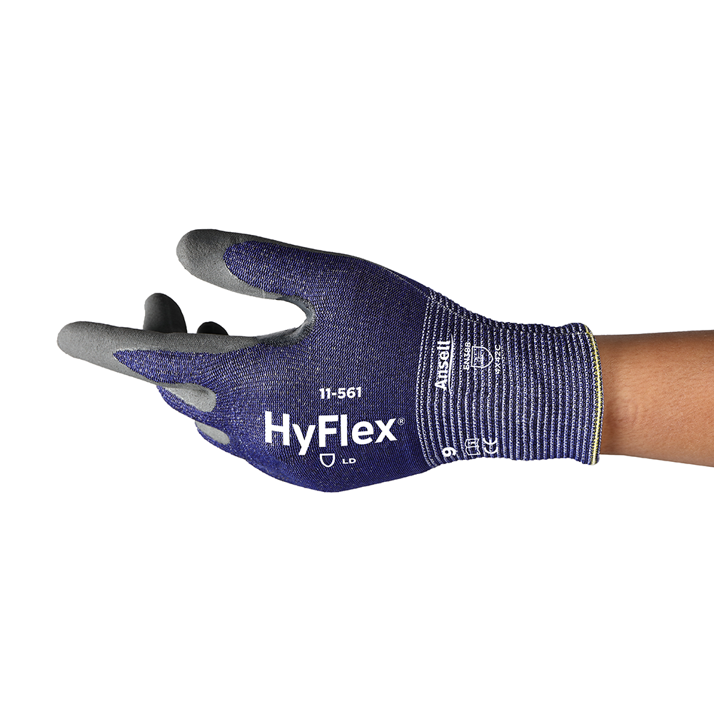 Side profile of Ansell HyFlex 11-561 glove showing ergonomic fit and reinforced fingertips