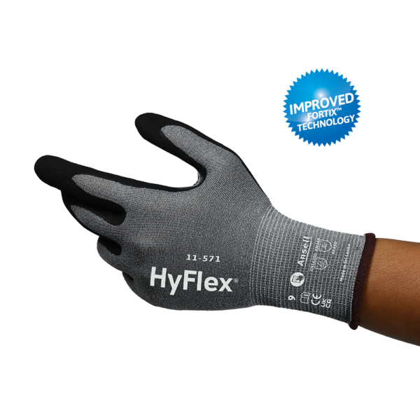 Side view of HyFlex 11-571 glove highlighting improved FORTIX technology for abrasion resistance