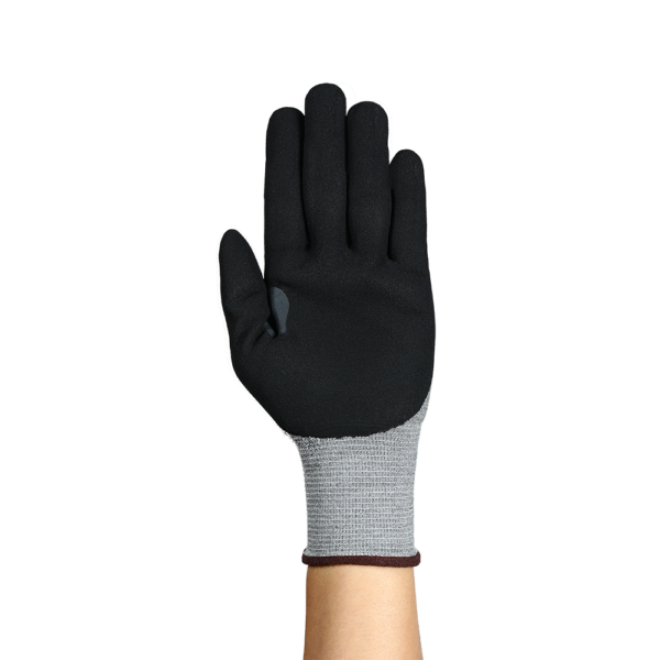Palm view of Ansell HyFlex 11-571 glove with black nitrile coating for enhanced grip and protection