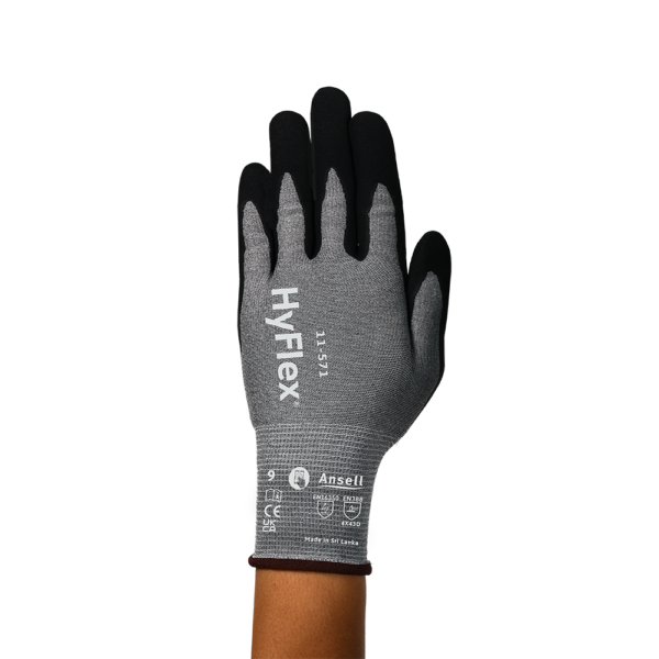 Front view of Ansell HyFlex 11-571 glove showing branding and EN388 markings