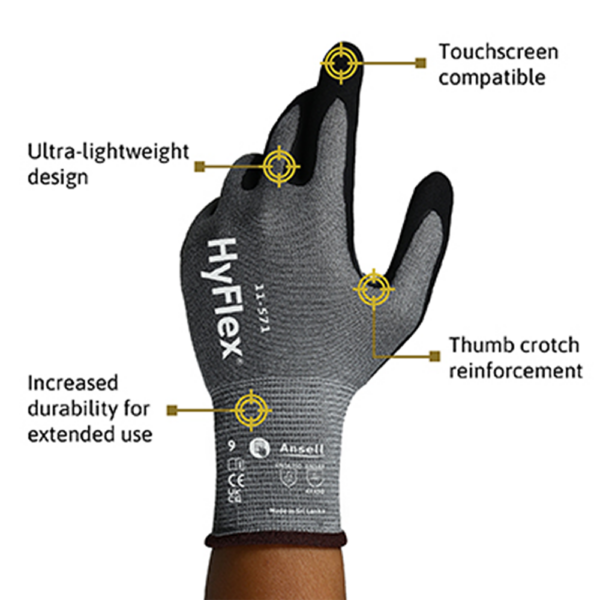HyFlex 11-571 glove with callouts showing touchscreen compatibility, lightweight design, and thumb crotch reinforcement