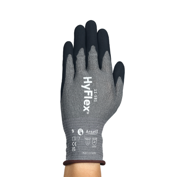 Top view of Ansell HyFlex 11-581 glove showing full glove markings and coating coverage