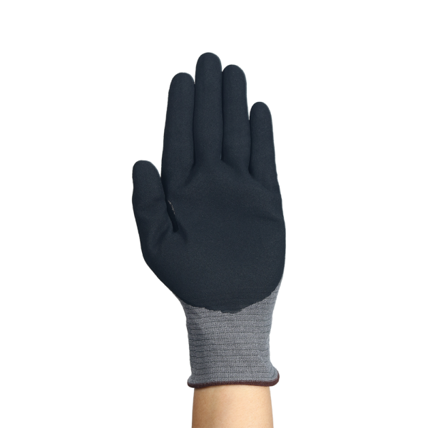 Palm view of Ansell HyFlex 11-581 glove showing textured black coating for enhanced grip