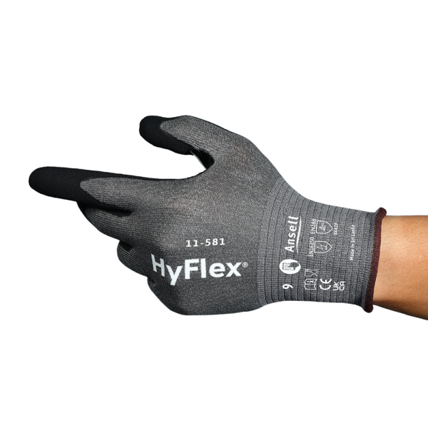 Side view of Ansell HyFlex 11-581 glove showing dark grey seamless knit with black palm coating