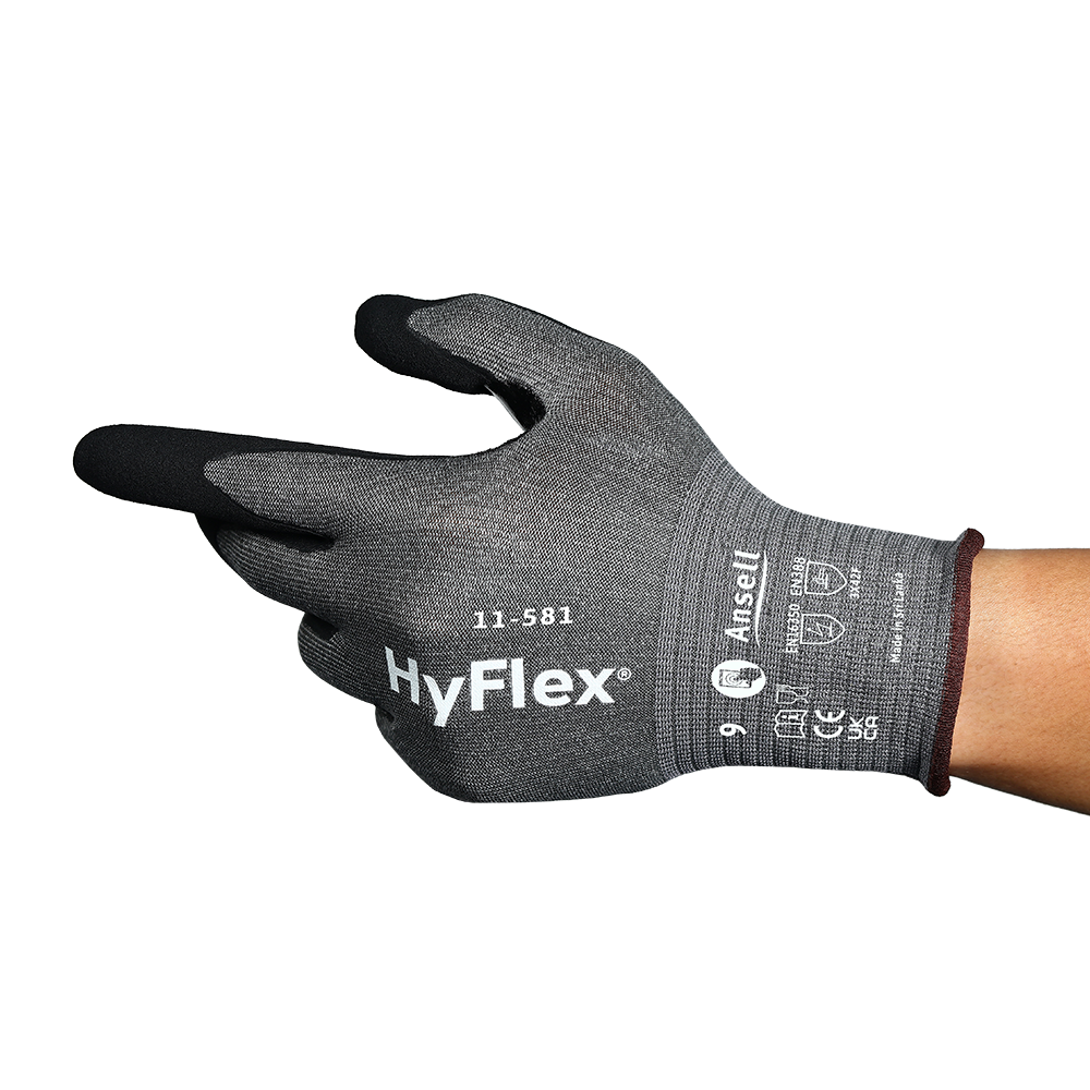 Side view of Ansell HyFlex 11-581 glove showing dark grey seamless knit with black palm coating