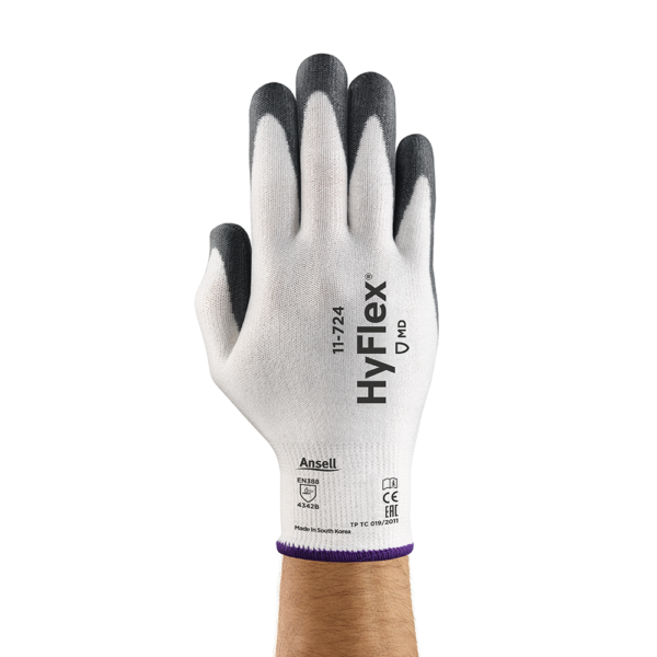 Back-of-hand view of the HyFlex 11-724 glove showing model number and EN388 cut rating.