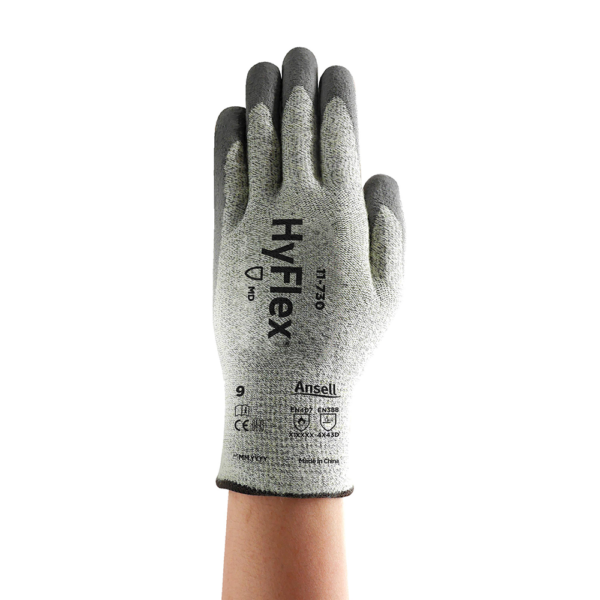 Back view of Ansell HyFlex 11-730 glove displaying model number and EN388 rating