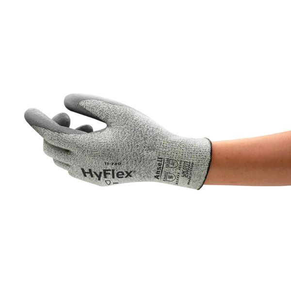 Side profile of Ansell HyFlex 11-730 glove showing grey coated palm and seamless fit