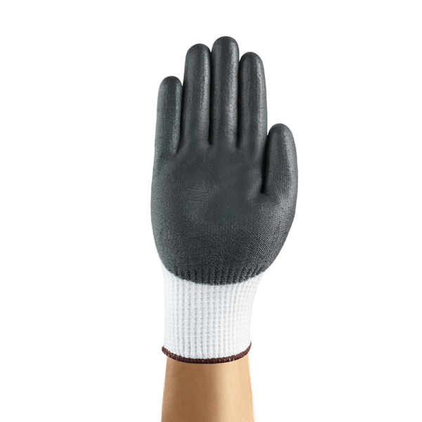 Palm view of Ansell HyFlex 11-735 glove showing black nitrile coating and seamless cuff