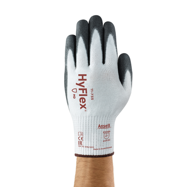 Back of Ansell HyFlex 11-735 glove with red branding and EN388 rating displayed