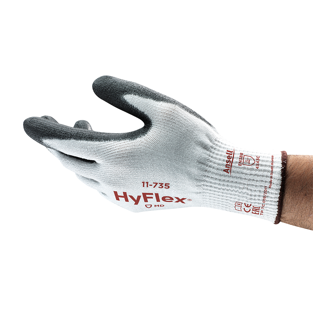 Side view of Ansell HyFlex 11-735 glove showing curved ergonomic design and snug wrist fit