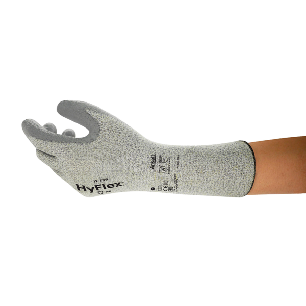 Side profile of Ansell HyFlex 11-739 glove showing full hand coverage and ergonomic fit
