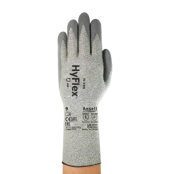 Front view of Ansell HyFlex 11-739 cut-resistant glove with extended cuff for forearm protection