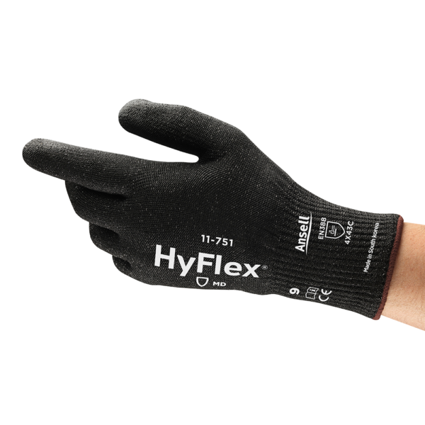 Side view of Ansell HyFlex 11-751 glove worn on hand, highlighting form fit and flexibility