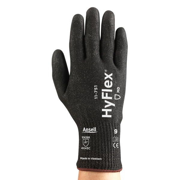 Ansell HyFlex 11-751 glove – back of hand view showing product branding and EN388 markings