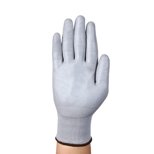 Palm side of Ansell HyFlex 11-754 glove featuring smooth grey polyurethane coating.
