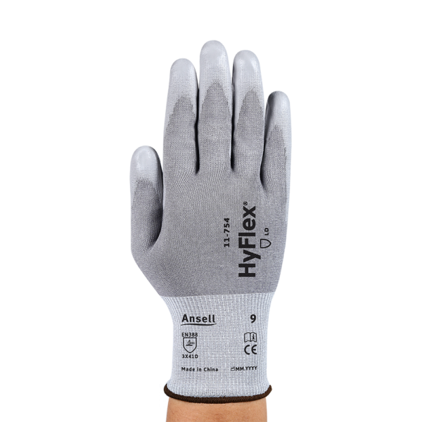 Top view of Ansell HyFlex 11-754 glove displaying branding, sizing, and EN388 markings.
