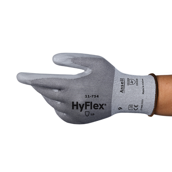 Side view of Ansell HyFlex 11-754 glove showing grey knit construction with black print.