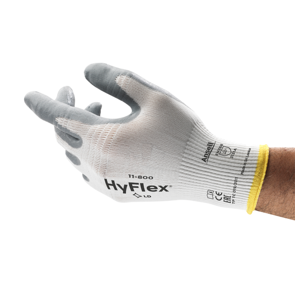 HyFlex 11-800 glove gripping a rivet, showing the glove’s flexibility and suitability for fine assembly tasks.