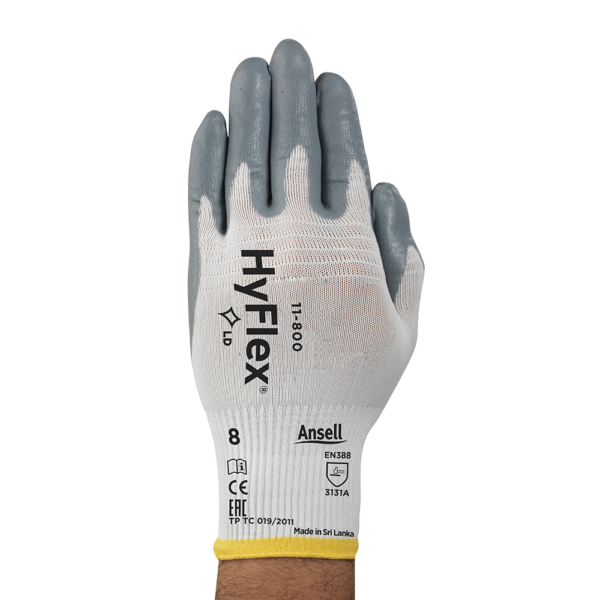 Hand wearing HyFlex 11-800 glove in a relaxed pose, highlighting ergonomic fit and breathable material.