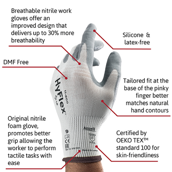 Front view of Ansell HyFlex 11-800 glove showcasing breathable grey nitrile coating and white liner.