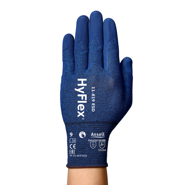 Ansell HyFlex 11-819 ESD glove, front view showing palm and product markings
