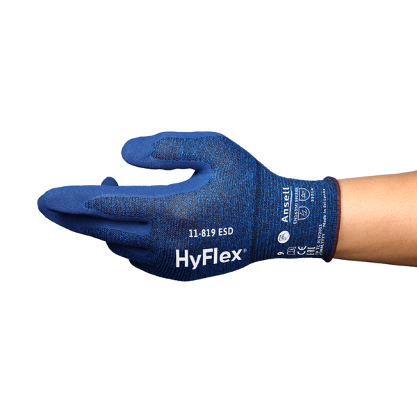 Ansell HyFlex 11-819 ESD glove, side view demonstrating glove curvature and fit