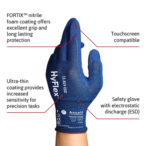 Ansell HyFlex 11-819 ESD glove with labelled features including FORTIX coating, ESD protection, and touchscreen compatibility
