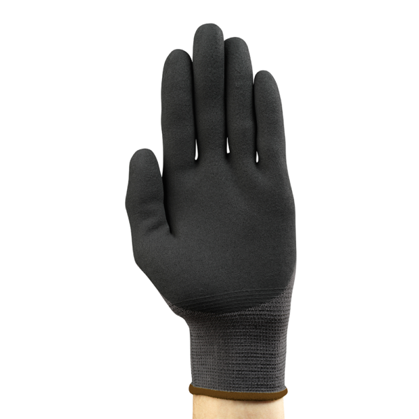 HyFlex 11-840 glove worn on hand, back of glove facing camera to show full nitrile coating.