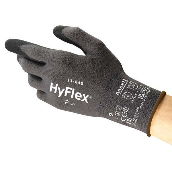 HyFlex 11-840 glove side angle view displaying glove flexibility and wrist cuff detail.