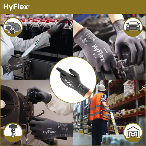 Collage of HyFlex 11-840 gloves in action across automotive, warehousing, assembly, and food processing settings.