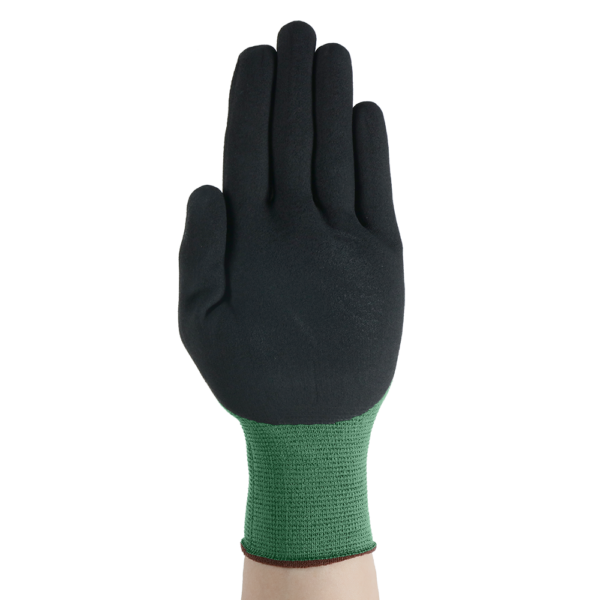 HyFlex 11-842 glove showing palm side with black foam coating against white background