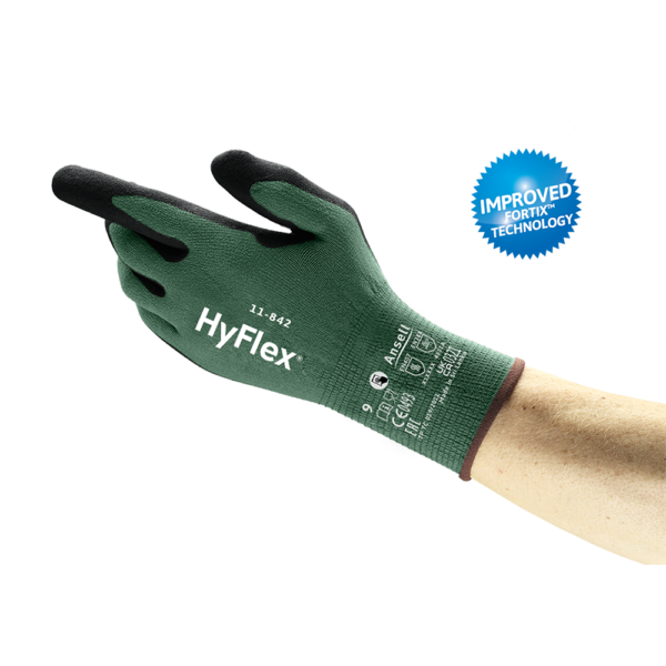 HyFlex 11-842 glove with Fortix technology callout highlighting improved durability