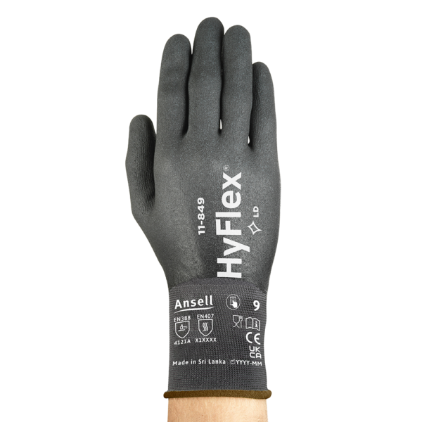 Front view of Ansell HyFlex 11-849 glove showing printed size, standards, and logo.