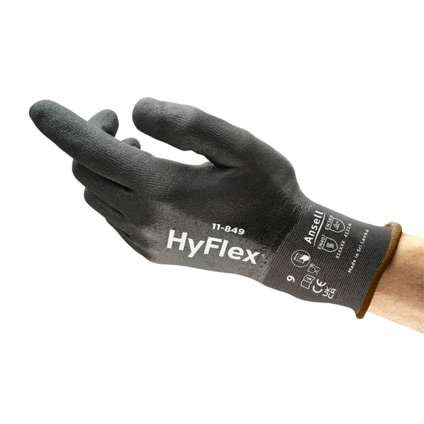 Angled side view of Ansell HyFlex 11-849 glove highlighting flexible fit and grip texture.
