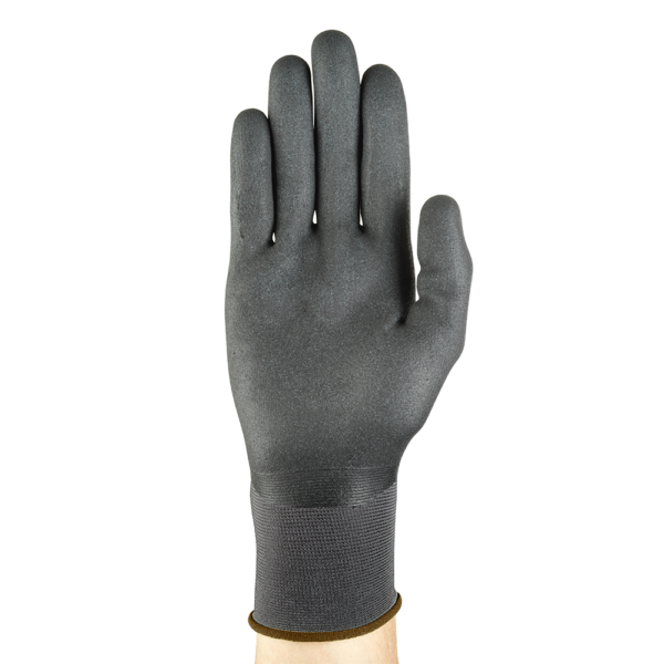 Palm view of Ansell HyFlex 11-849 glove showing smooth nitrile coating and snug wrist cuff.