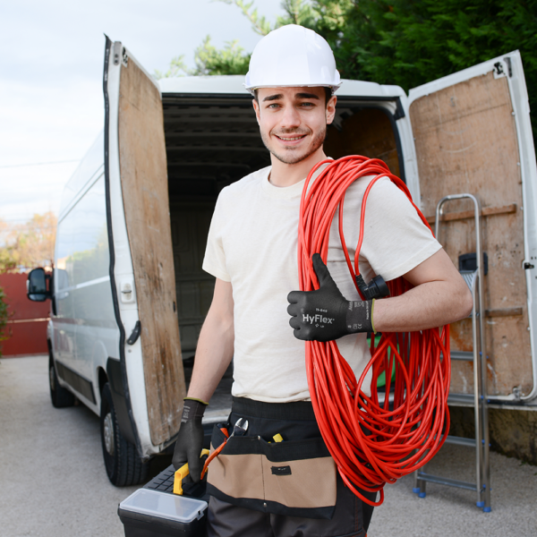 Electrician wearing Ansell HyFlex 11-849 gloves while carrying extension cord on site.