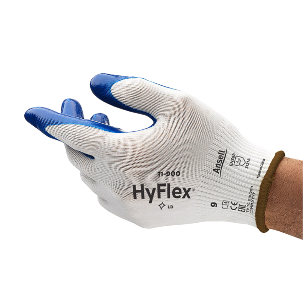Side view of Ansell HyFlex 11-900 glove showing textured fingertips and snug wrist cuff.