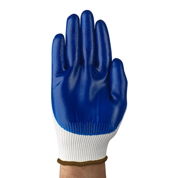 Palm view of Ansell HyFlex 11-900 glove with blue nitrile coating for enhanced grip.