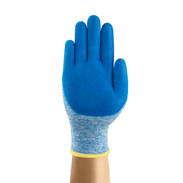 Palm view of Ansell HyFlex 11-920 glove featuring blue nitrile coating for enhanced grip.