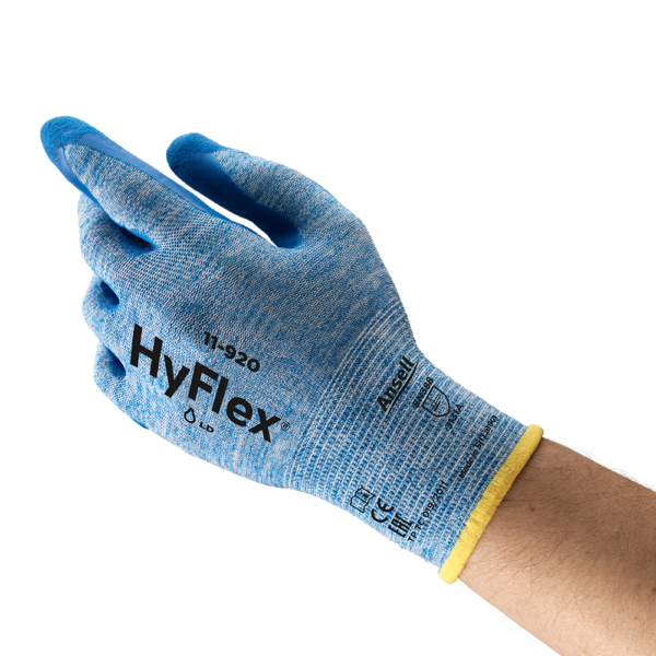 Ansell HyFlex 11-920 glove shown in back-of-hand view with blue knit liner and black logo.