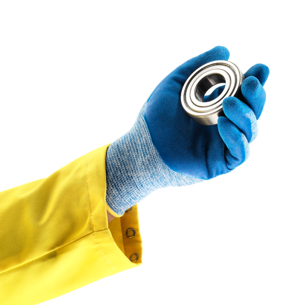 Ansell HyFlex 11-920 glove gripping a metal bearing to demonstrate oil grip performance.